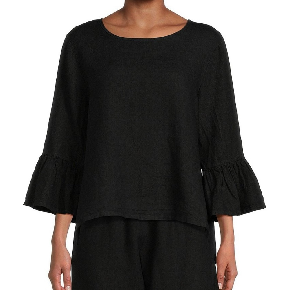 bryn Walker Black Lagenlook 100% Linen Bell Sleeve Blouse
